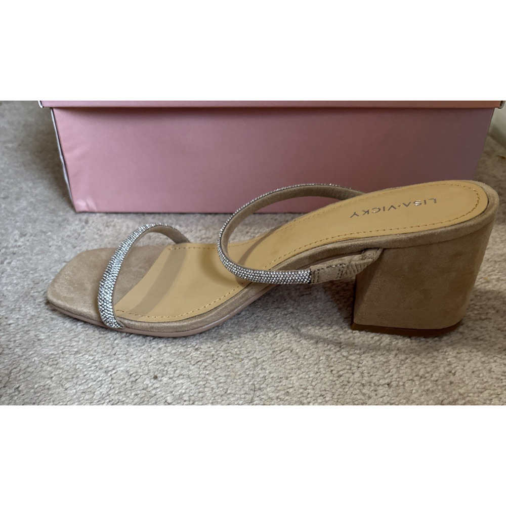 Lisa Vicky Mood Slide Sandals Pave Crystals Silver Hotfix Heels Tan Size 9 - Picture 6 of 9